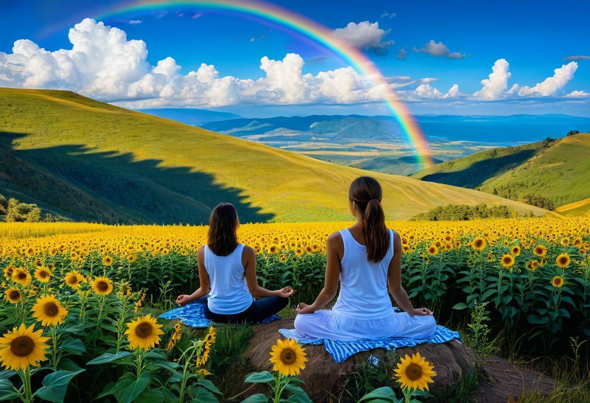A serene scene depicting a person sitting on a mountaintop, surrounded by vibrant sunflowers and fluffy clouds, meditating with a soft smile as sunlight beams down. In the background, a colorful rainbow arcs over a peaceful valley, symbolizing joy and happiness. Include elements like butterflies and birds to enhance the sense of tranquility. super-realistic. vibrant colors. peaceful atmosphere.