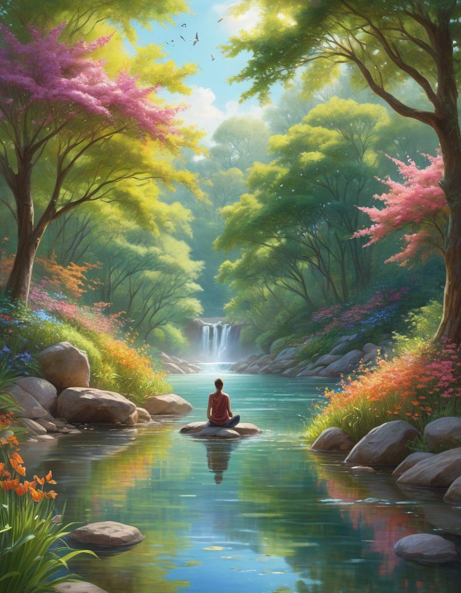 A serene landscape depicting a peaceful retreat in nature, featuring a meditative figure surrounded by vibrant flowers, flowing water, and sunlight filtering through trees. Elements of mindfulness, joy, and well-being are artistically represented through soft colors and gentle textures. Enhance with uplifting symbols such as butterflies and birds in the background. super-realistic. vibrant colors. calming atmosphere.